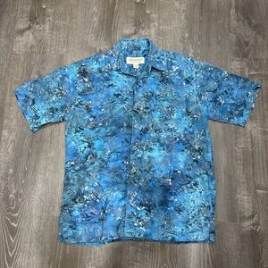Johari West Shirt Mens M Blue Button Down Short Sleeve Batik Relaxed Hawaiian